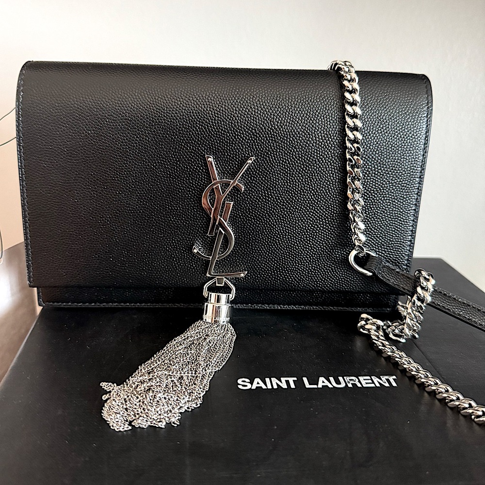 Saint Laurent Black Crossbody Bag with Silver Chain